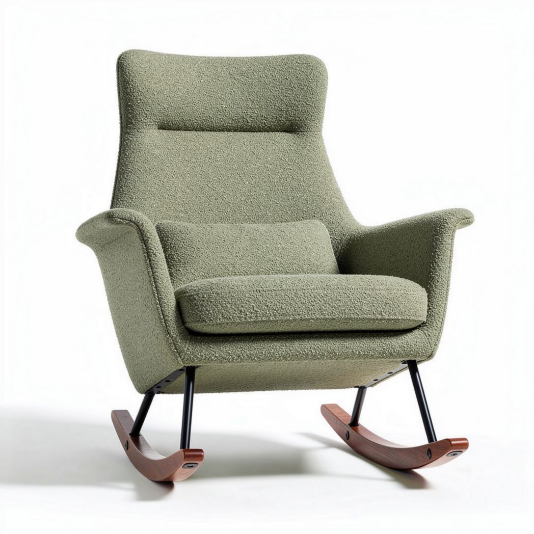 Fauteuil à bascule en tissu vert et bois avec dimensions 90 x 80 x 100cm