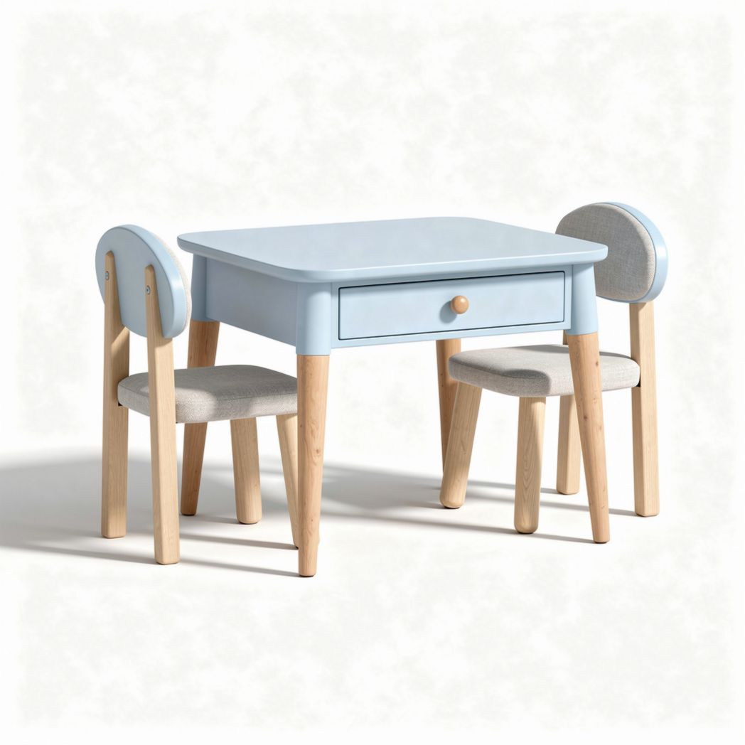 Table pour enfants avec deux chaises en bois couleur bleue et tissu gris 80 x 60 x 50cm