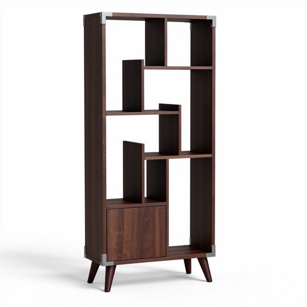 Étagère en bois foncé avec compartiments variés et tiroir 180 x 80 x 30cm