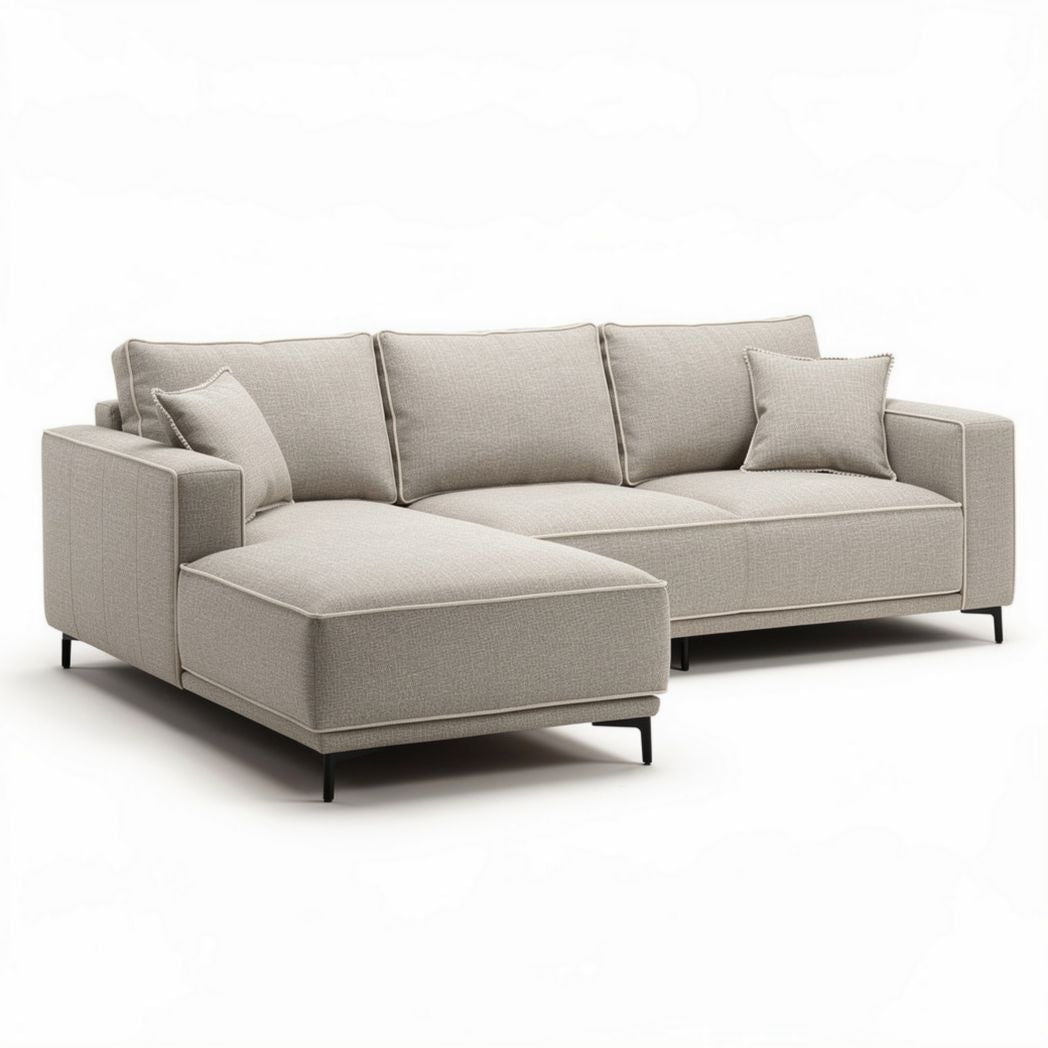Canapé d'angle en tissu beige avec coussins dimensions 240 x 100 x 90cm