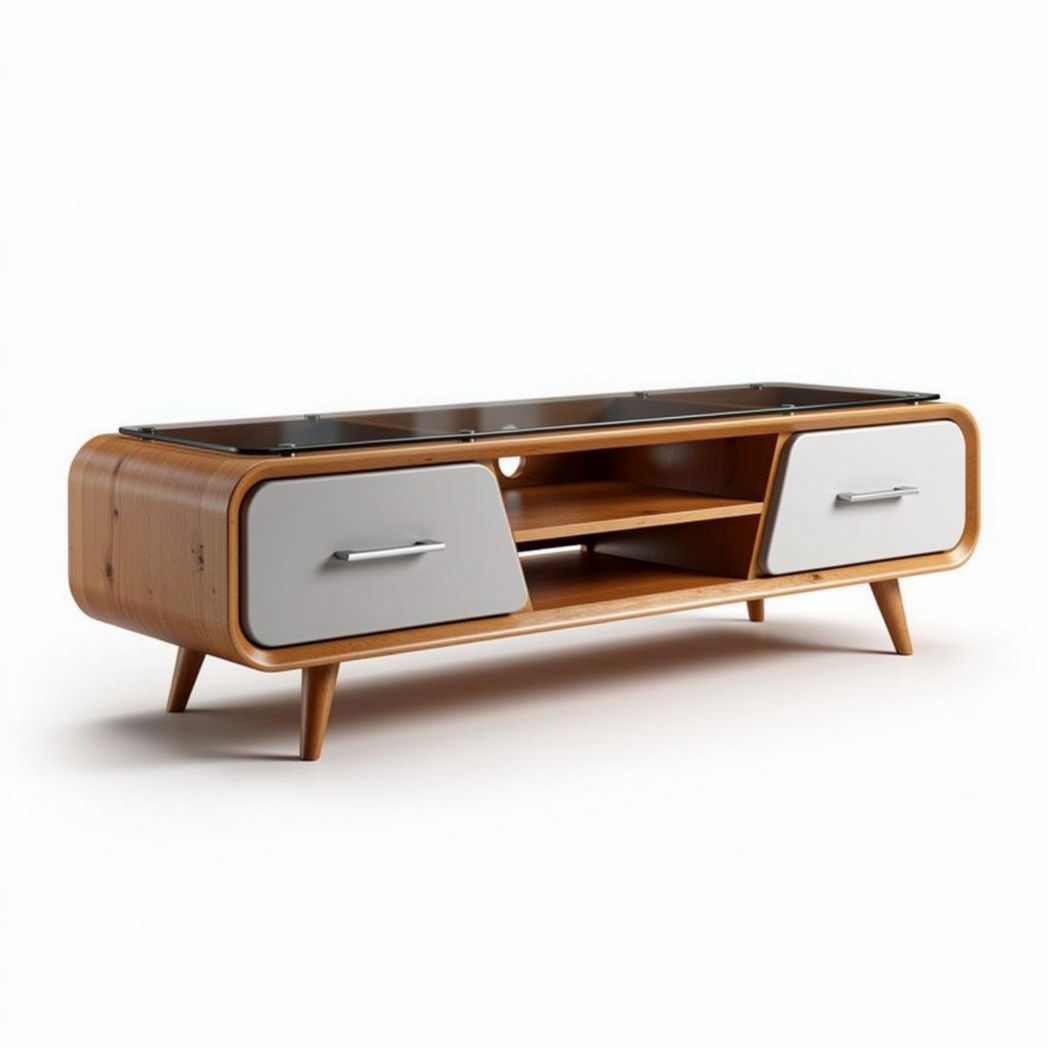 Meuble TV en bois de bambou avec portes blanches 120 x 40 x 45cm