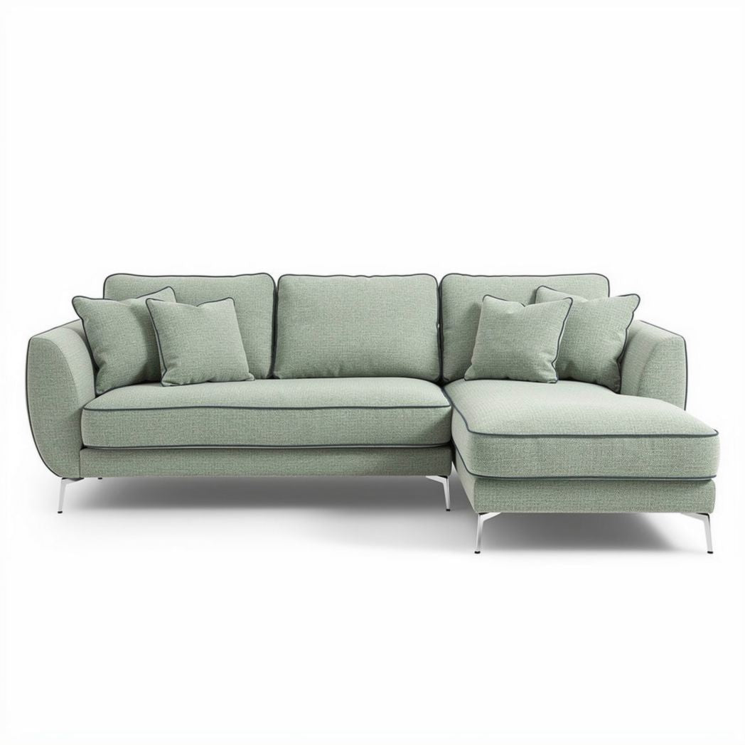 Canapé d'angle en tissu vert clair avec coussins inclus 240 x 160 x 85cm